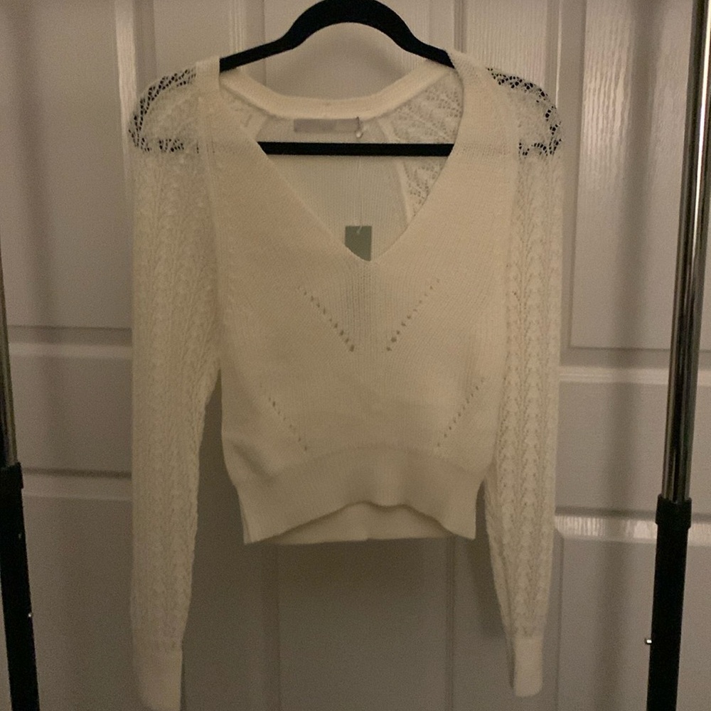 XS - One Grey Day - Crochet Sleeve Sweater - NWT